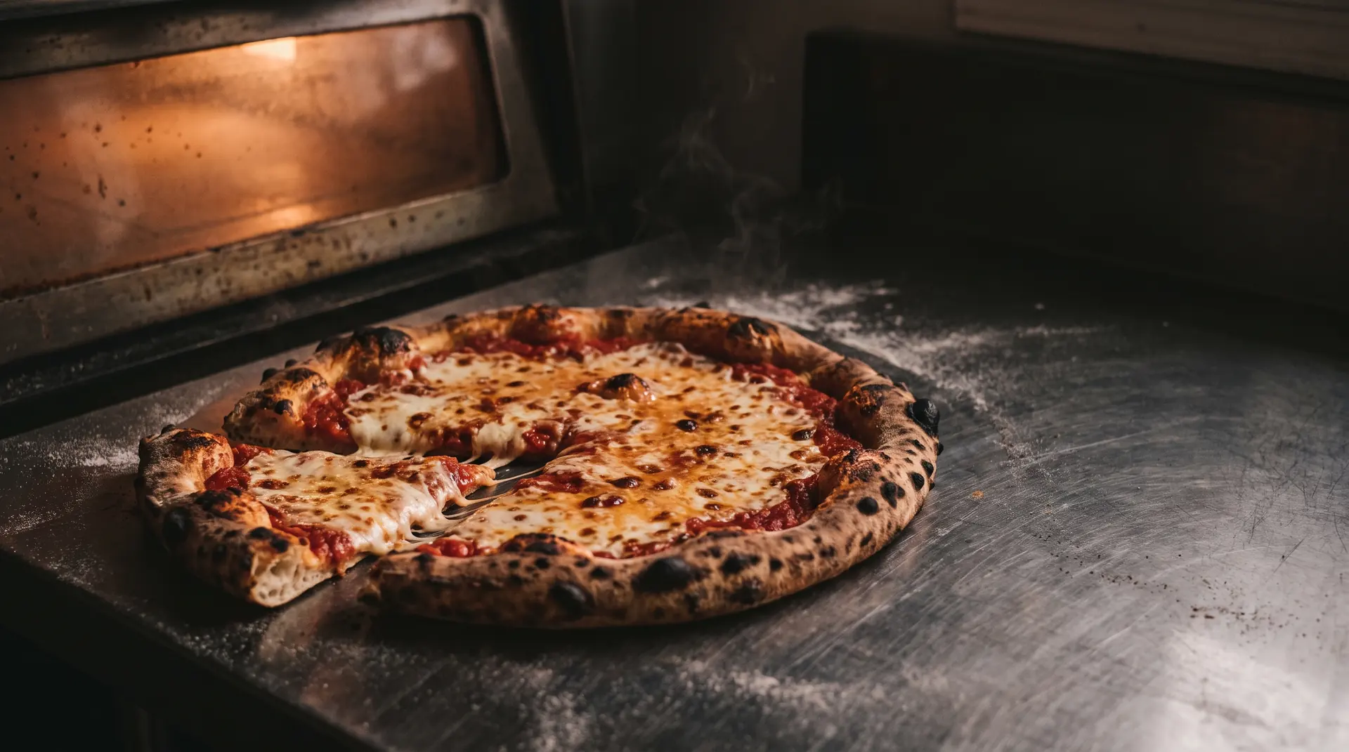 A charred-crust cheese pizza fresh from the oven at Basil's